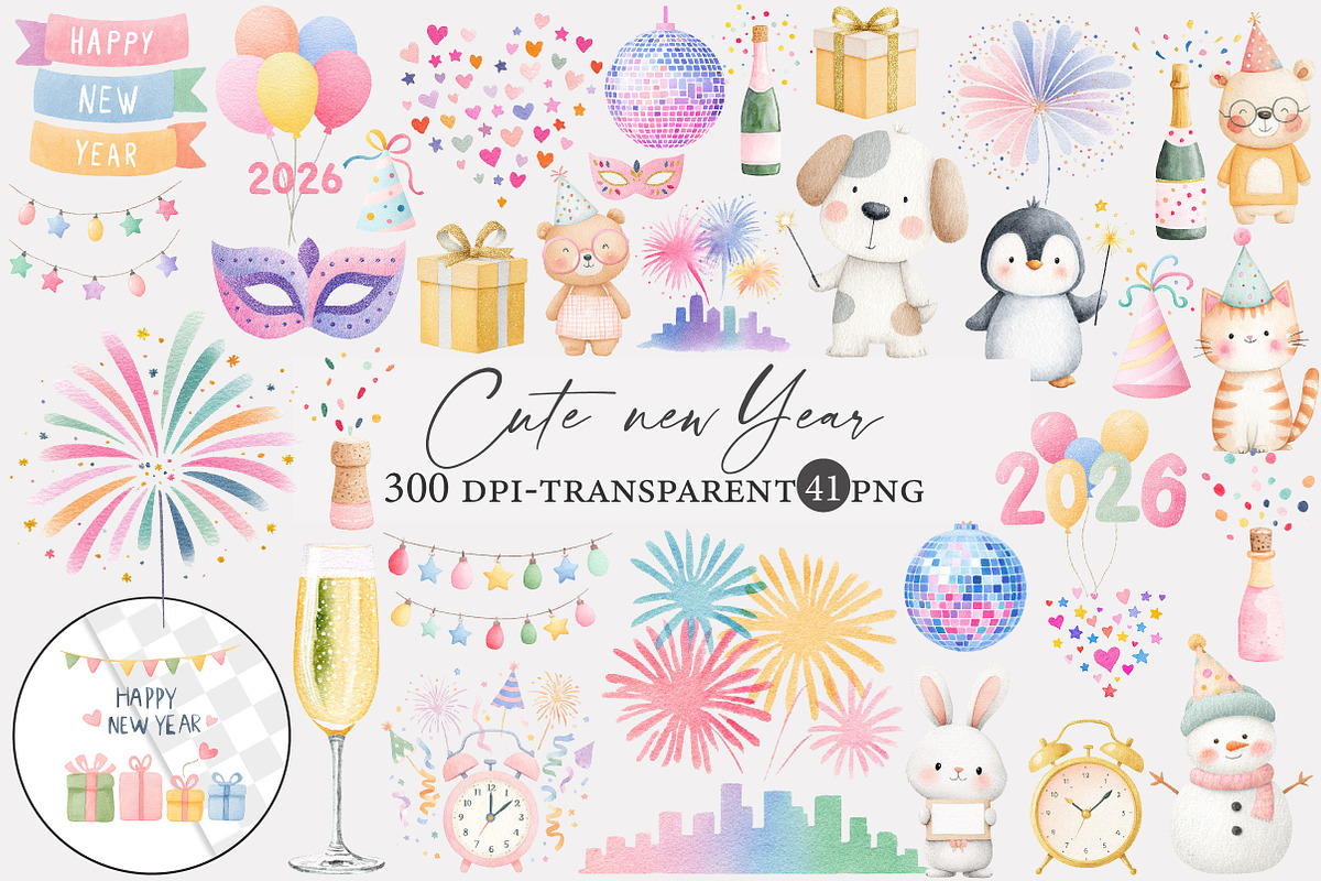 Watercolor cute new year clipart, an Illustration by Designworld (Photo 1 of 5)
