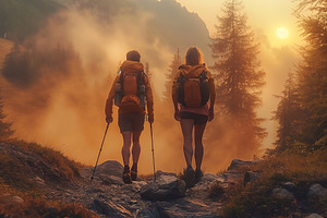 Two hikers, a man and a woman, explore a misty mountain trail at sunset, surrou, a Person Photo by ImageMir