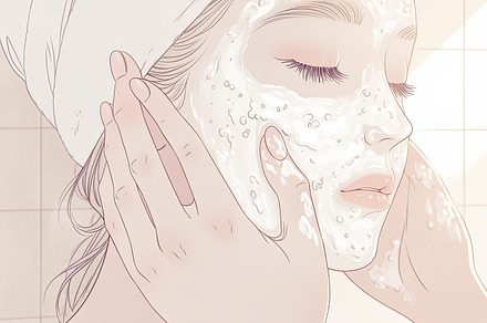 Woman enjoying a relaxing skincare routine in the bathroom, an Illustration by AS photostudio