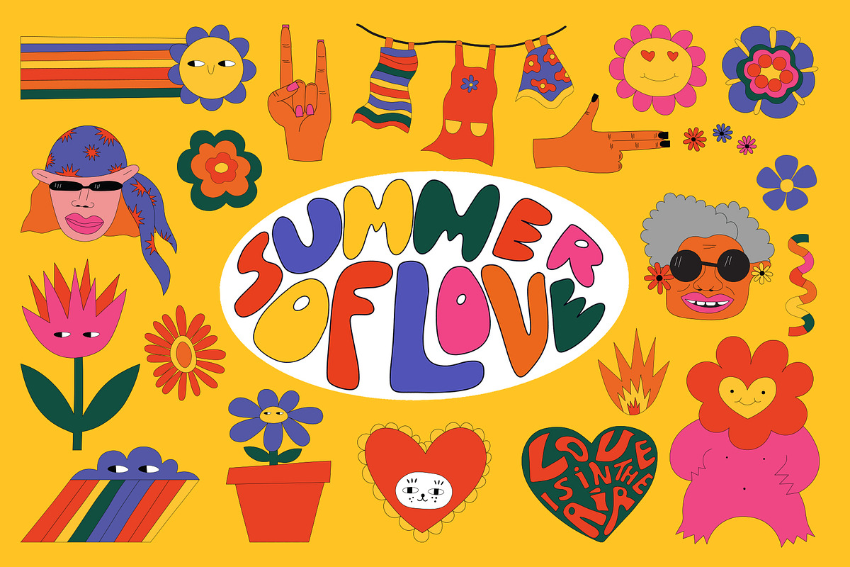 Psychedelic funky hippie stickers, an Illustration by okchizh (Photo 1 of 9)