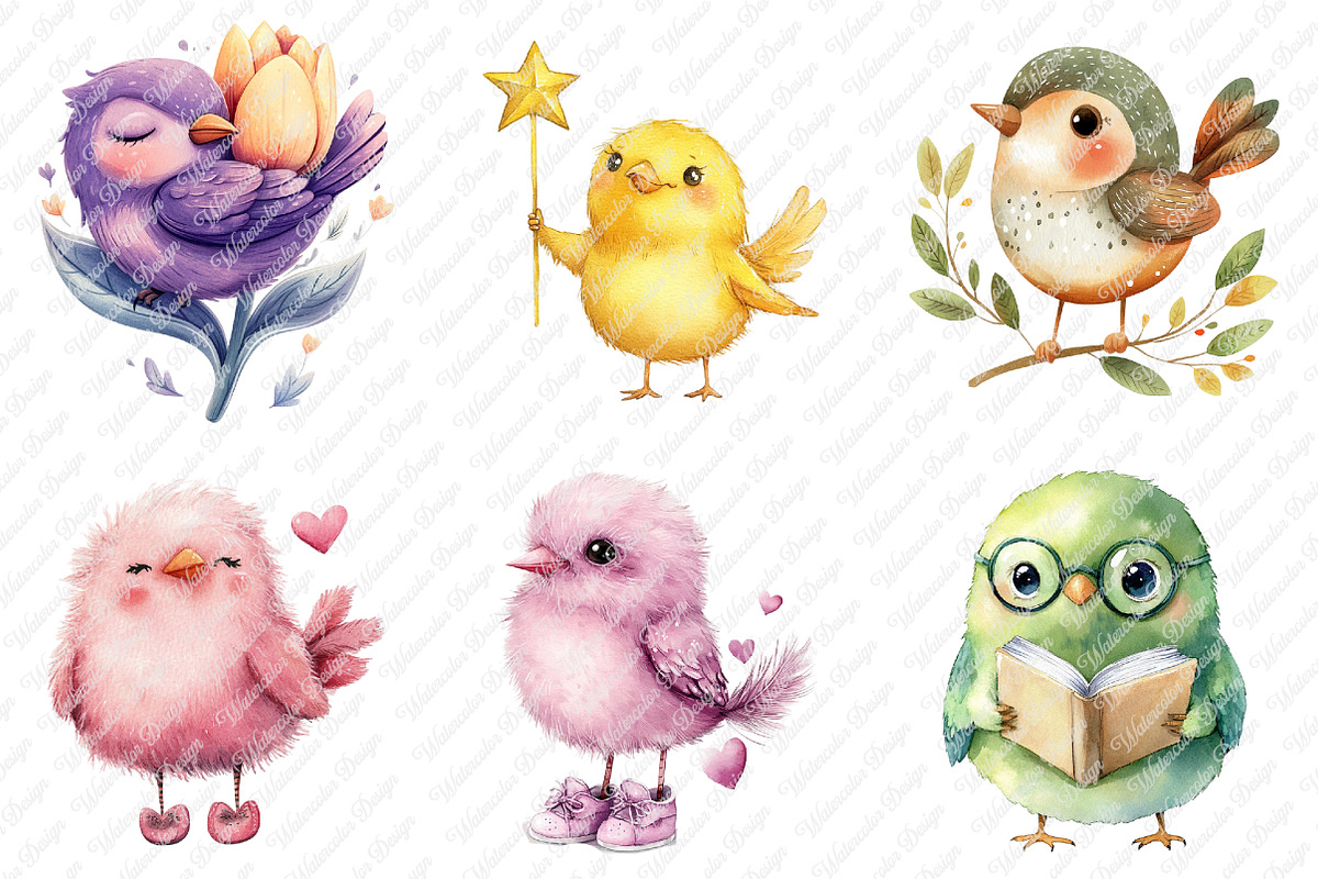Watercolor Whimsical Birds Clipart, an Illustration by Watercolor design (Photo 3 of 11)