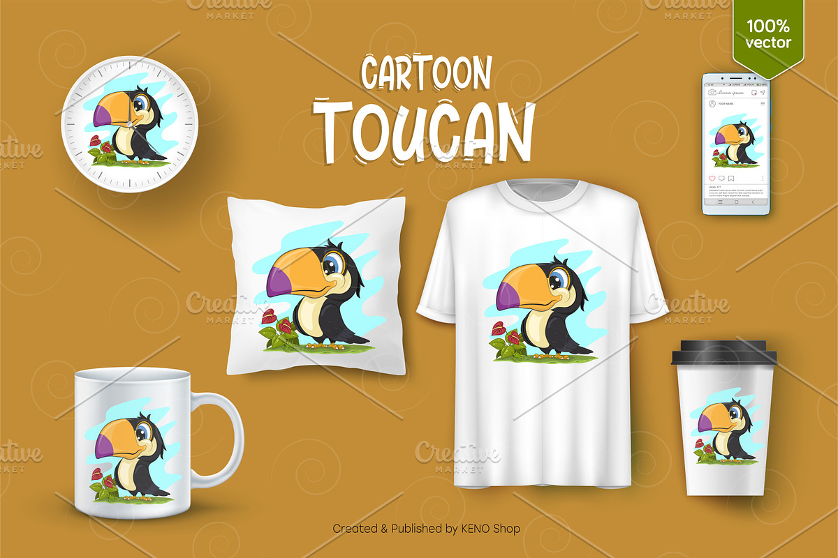 Cute cartoon toucan. Tshirt, PNG., an Animal Illustration by KENO Mascots (Photo 3 of 4)