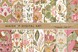 Sage Green & Pink Indian Patterns, a Pattern Graphic by Maishop