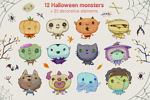 Cute Watercolor Halloween Monsters