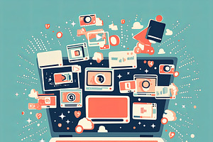 Digital content management on laptop with floating icons and online media eleme, an Illustration by AS photostudio
