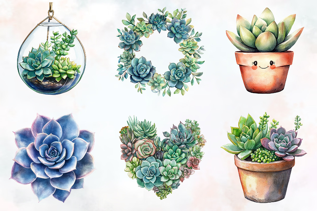 Succulent Watercolor Cliparts, an Illustration by RobertsArt (Photo 7 of 7)