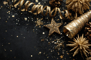 Gold Christmas decorations on black, a Photo by Pixeness Studio
