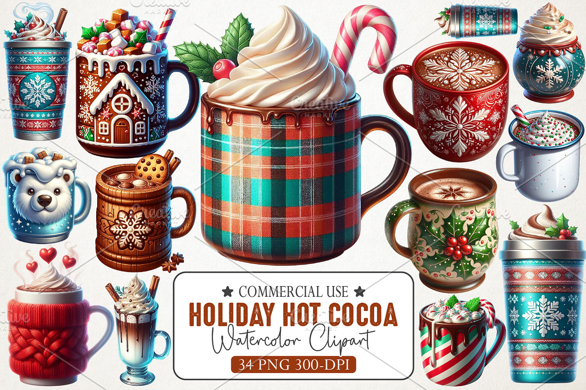 Holiday Hot Cocoa & Mugs Clipart Set, an Illustration by RobertsArt (Photo 1 of 5)