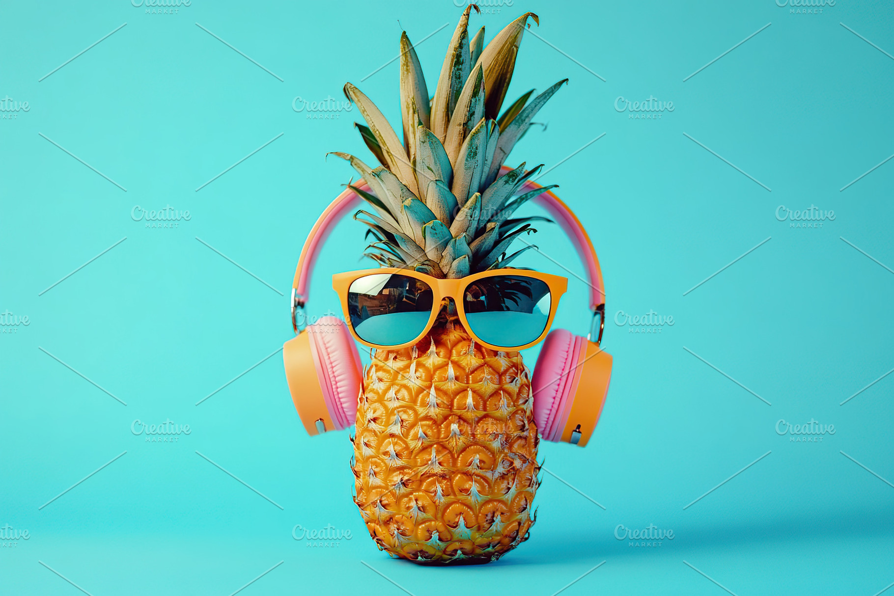 Fun pineapple wearing headphones and sunglasses against a bright blue backgroun, a Beauty & Fashion Photo by AlyaAnd