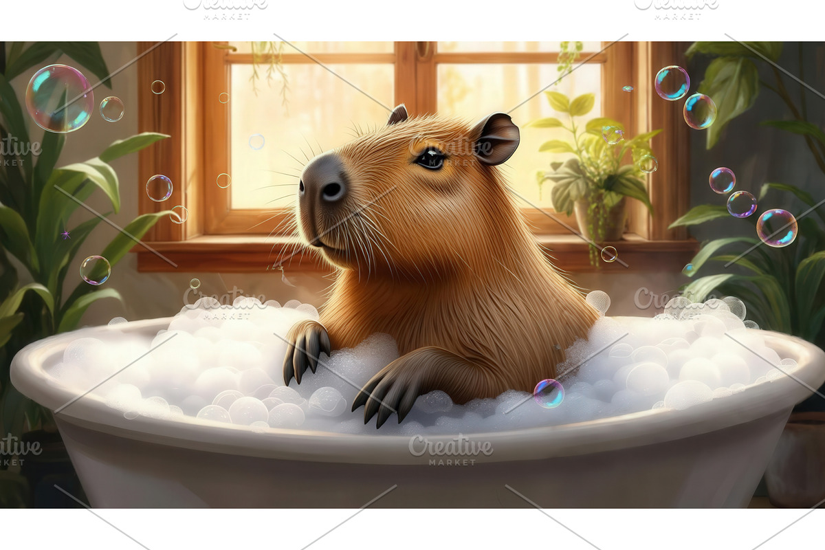 Capybara enjoying a bubble bath in a, an Illustration by tilialucida