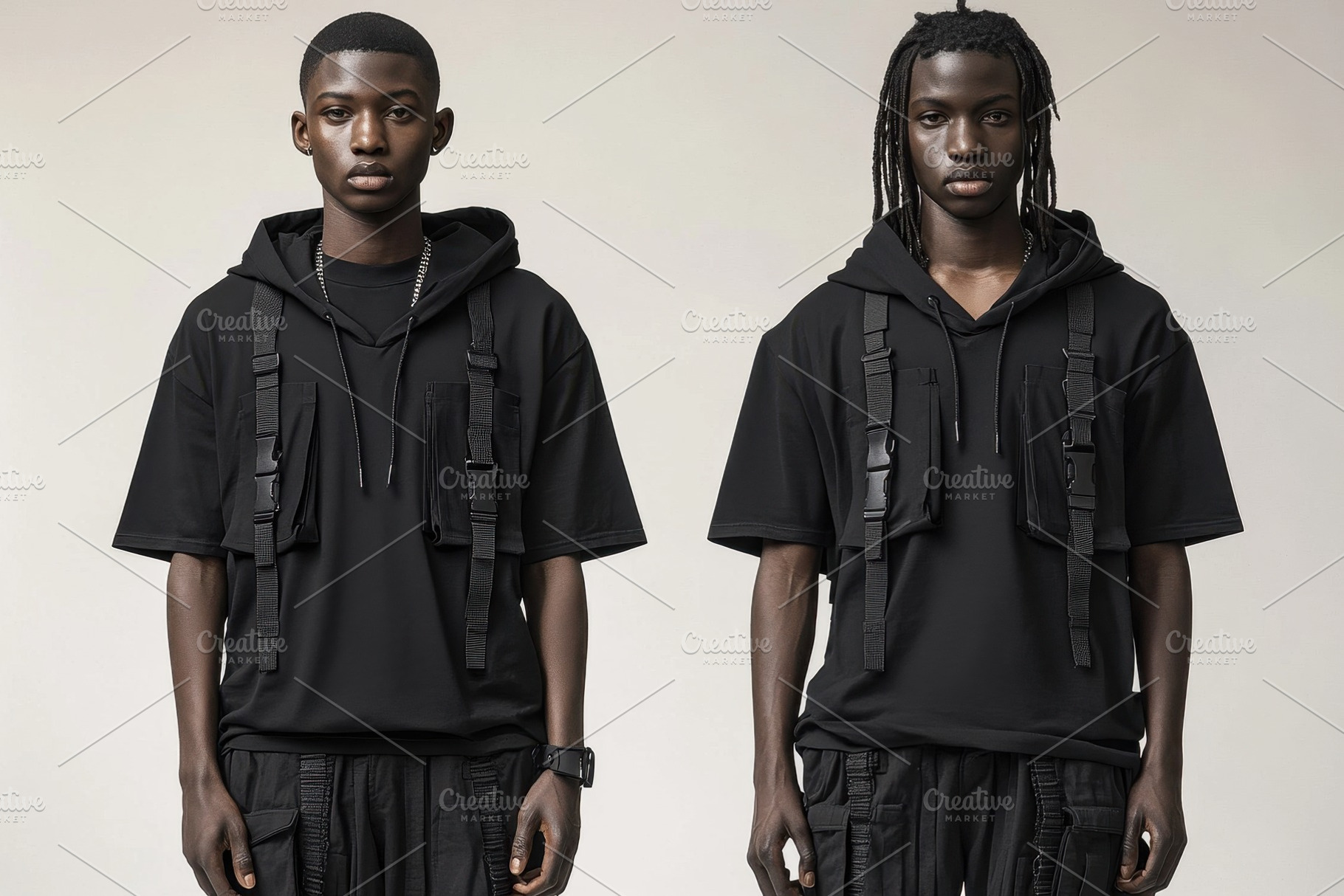 Two male models showcase urban fashi, a Photo by Tanuart