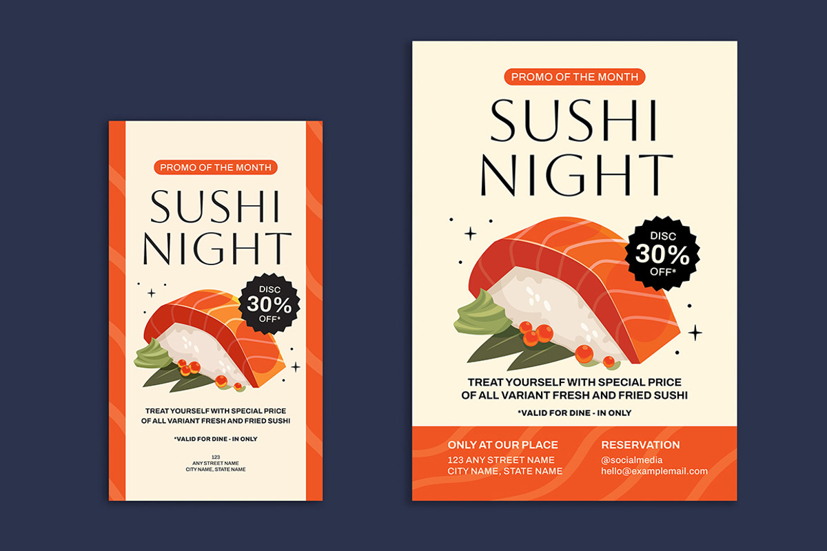 Sushi Dinner Promotion Flyer, a Flyer Template by Gumico Studio. (Photo 2 of 3)