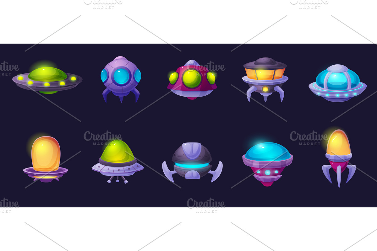 Cartoon alien spaceship. Bright ufo, a Technology Illustration by LadadikArt