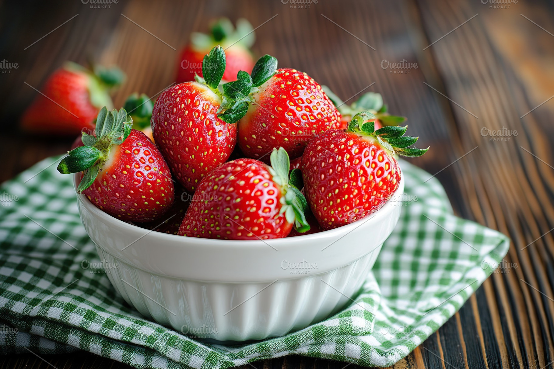 Fresh ripe red strawberries arranged beautifully in a white bowl on a checkered, a Food & Drink Photo by AlyaAnd