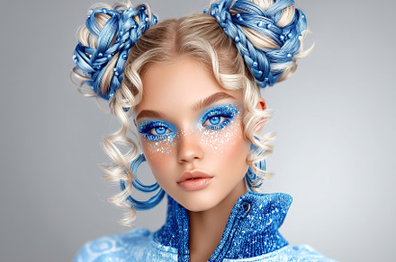 Creative blue themed makeup and hairstyle showcase in a studio setting, a Beauty & Fashion Photo by AlyaAnd