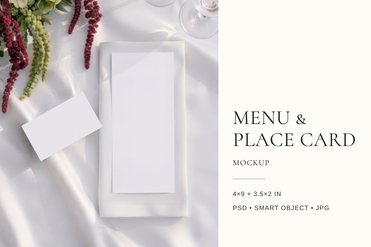4x9 Menu & 3.5x2 Place Card Mockup, an Advertising Mockup by Serenefeeling (Photo 1 of 7)