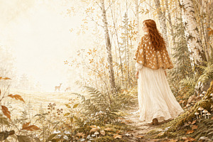 Autumn scene with woman in forest pa, a Photo by Dvoevnore photos