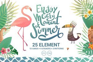 Tropical set of flamingo. Vector