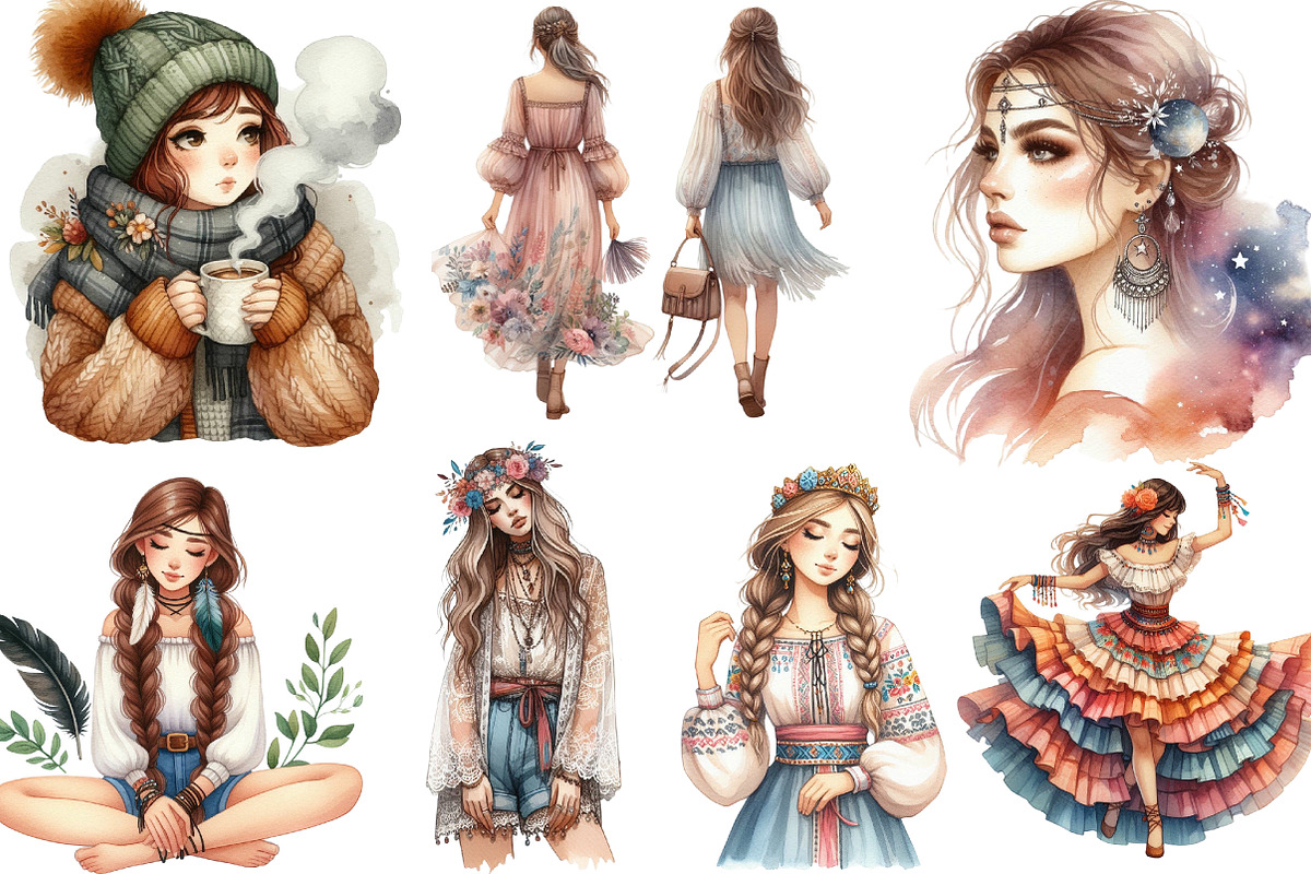 Watercolor Boho Girls Clipart, an Illustration by Designking (Photo 2 of 4)