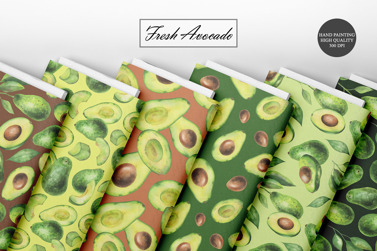 Watercolor Avocado Seamless Patterns, a Food Illustration by OlDm_Shop (Photo 3 of 10)