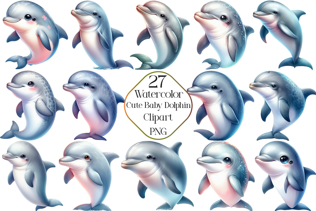 Watercolor Cute Baby Dolphin Clipart, an Illustration by CraftArtStudio (Photo 1 of 5)