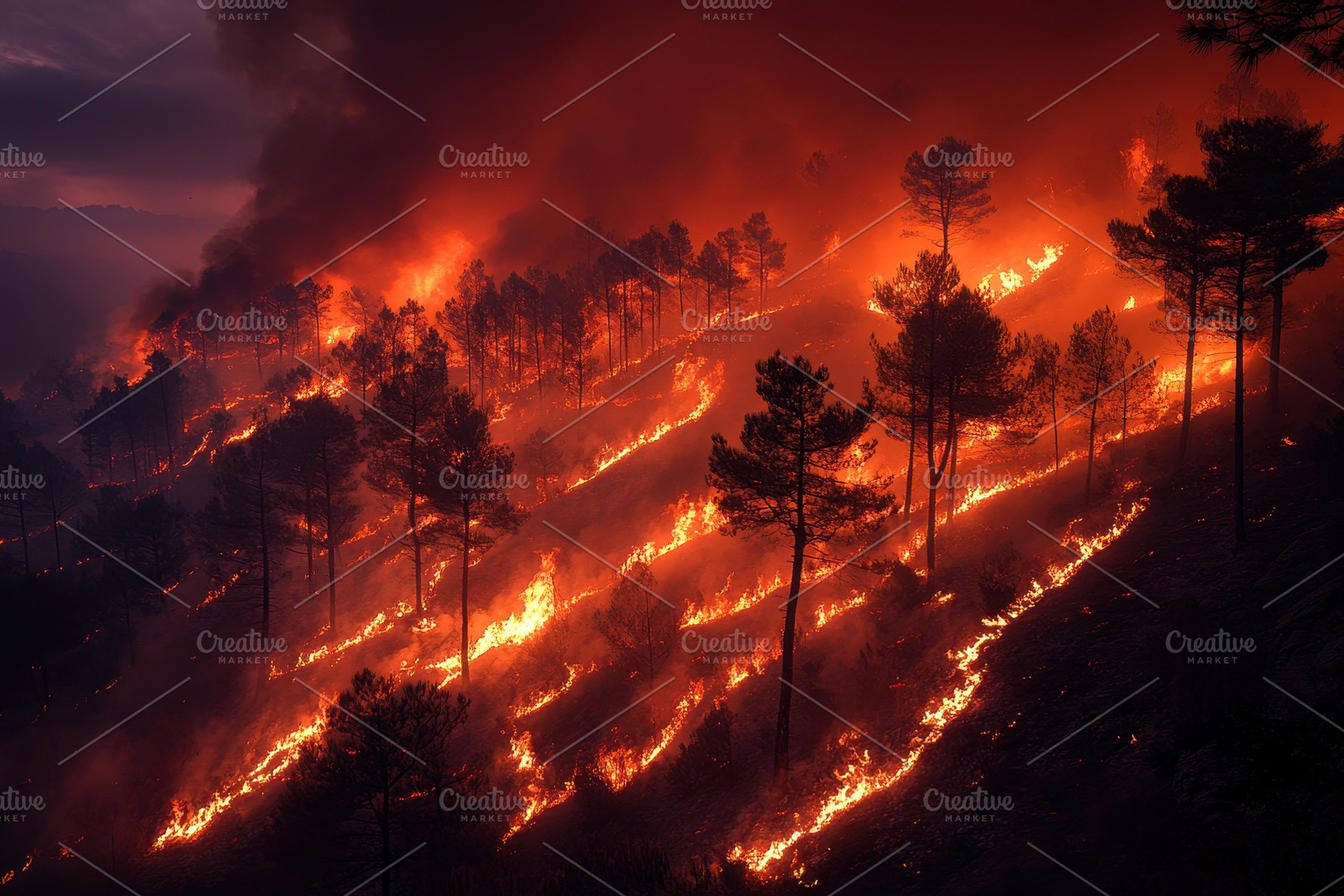 Wildfire spreads through forested hi, a Photo by Tanuart
