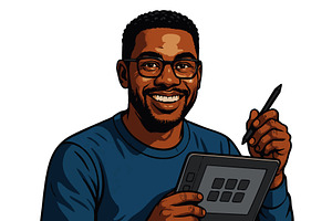 Smiling digital artist holding, a Person Illustration by AlexArt