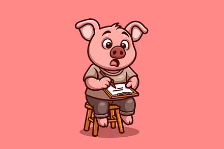 Surprised Pig Writing Cute Cartoon C