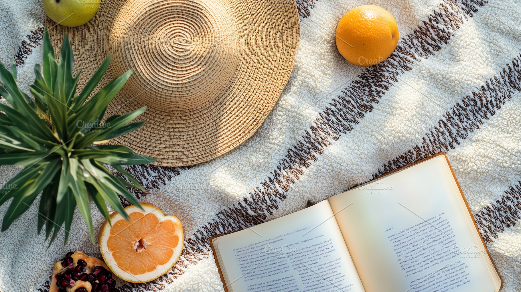 Summer flat lay - straw hat, book, a Background Photo by MistyDay