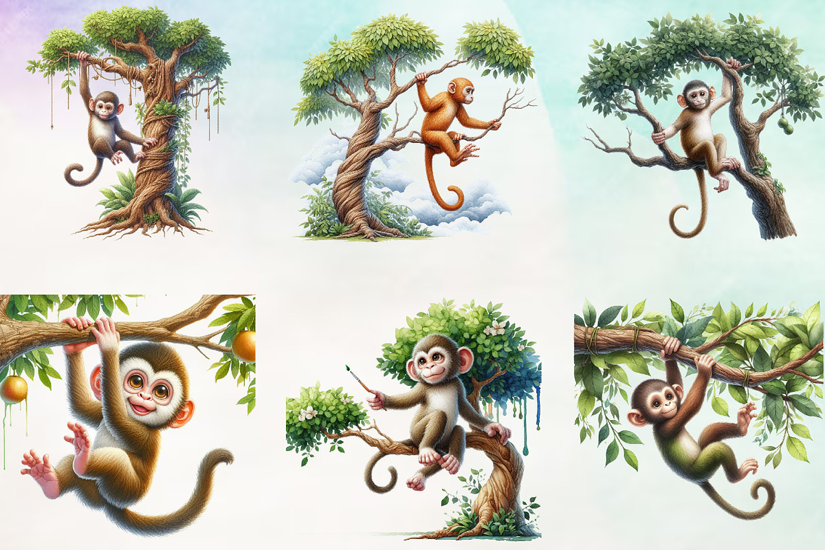 Watercolor Monkey Hanging Tree, an Animal Illustration by Craft Nest (Photo 4 of 4)