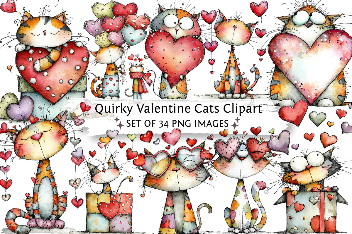 Quirky Valentine Cats Clipart, an Illustration by DreamPrint404 (Photo 1 of 6)