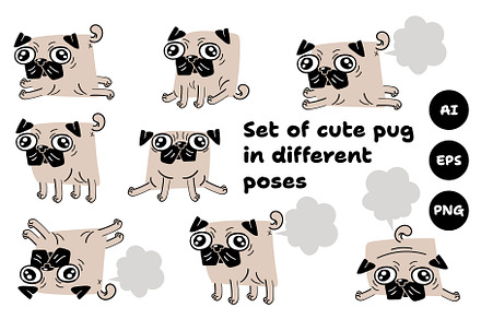 Cute Pug Illustration Set