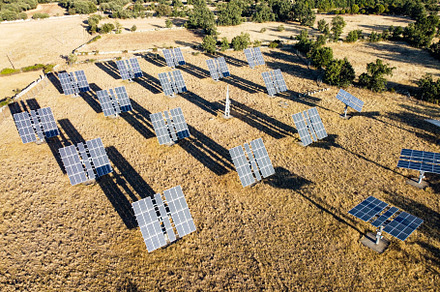 Solar panels in a countryside. Aerial view