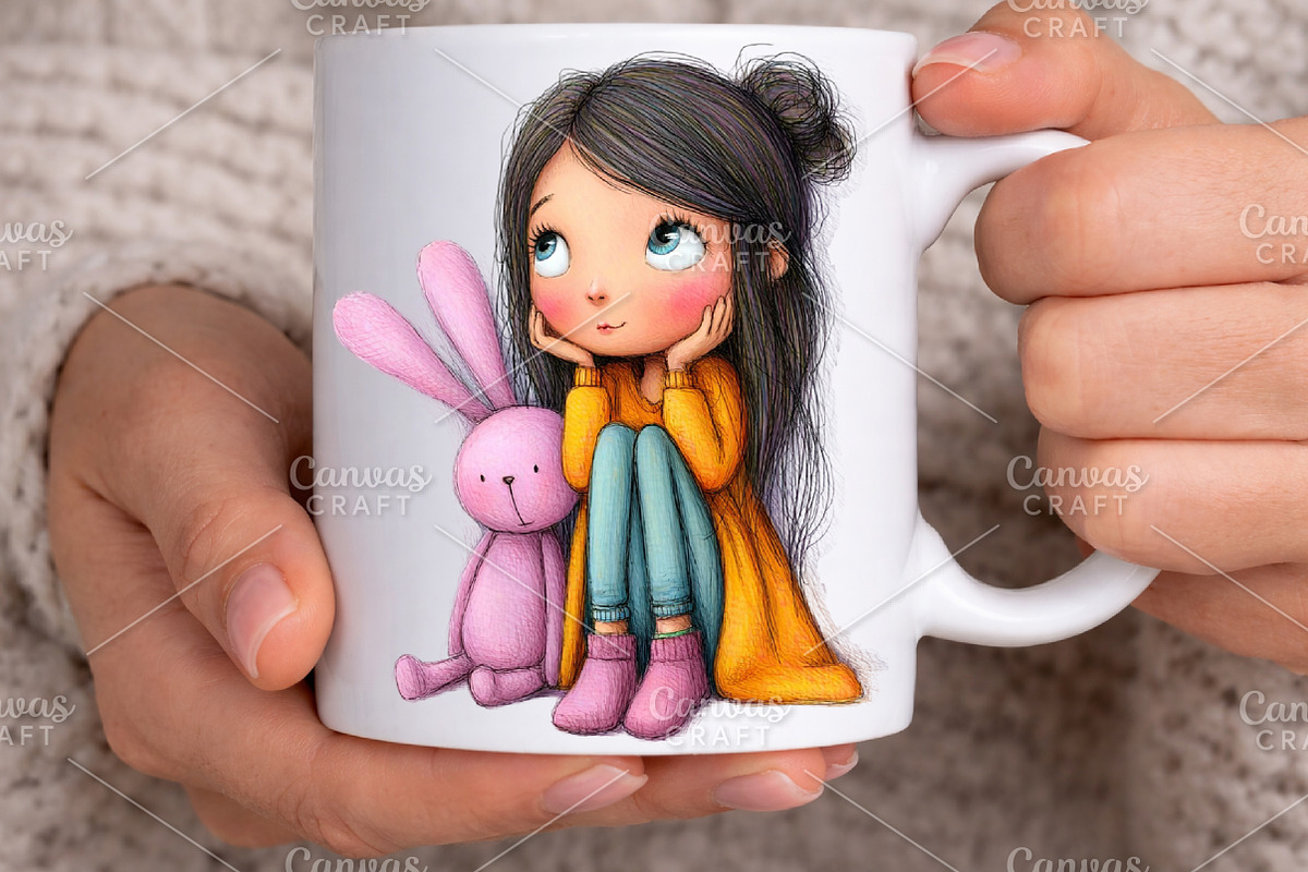 Quirky Girl With Teddy Bunny Clipart, an Illustration by Canvas Craft (Photo 7 of 7)
