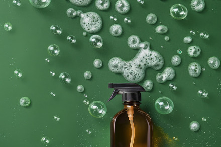 Spray bottle with green liquid and foam on green background, a Photo by Dvoevnore photos