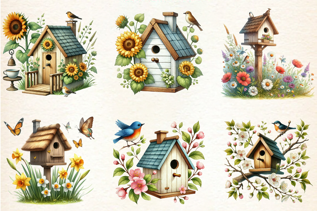 Watercolor Spring Bird Houses, a Seasonal Illustration by DreamArtGraphic (Photo 2 of 5)
