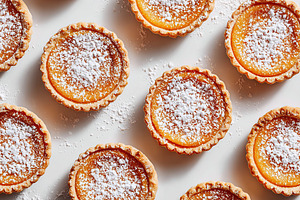 A collection of small tarts filled with a smooth orange custard and dusted with, a Food & Drink Photo by AlyaAnd