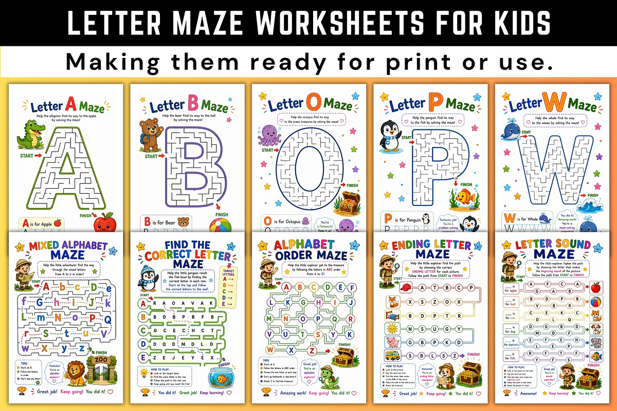 Letter Maze Worksheets for Kids, a Stationery Template by Designmela01 (Photo 2 of 6)