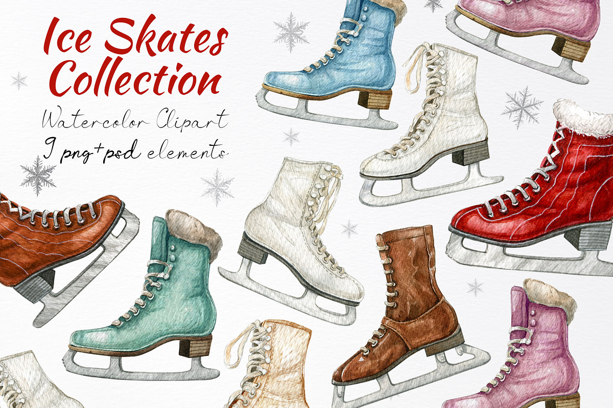 Watercolor ice skates clipart, a Decorative Illustration by yana.fefelova (Photo 1 of 4)