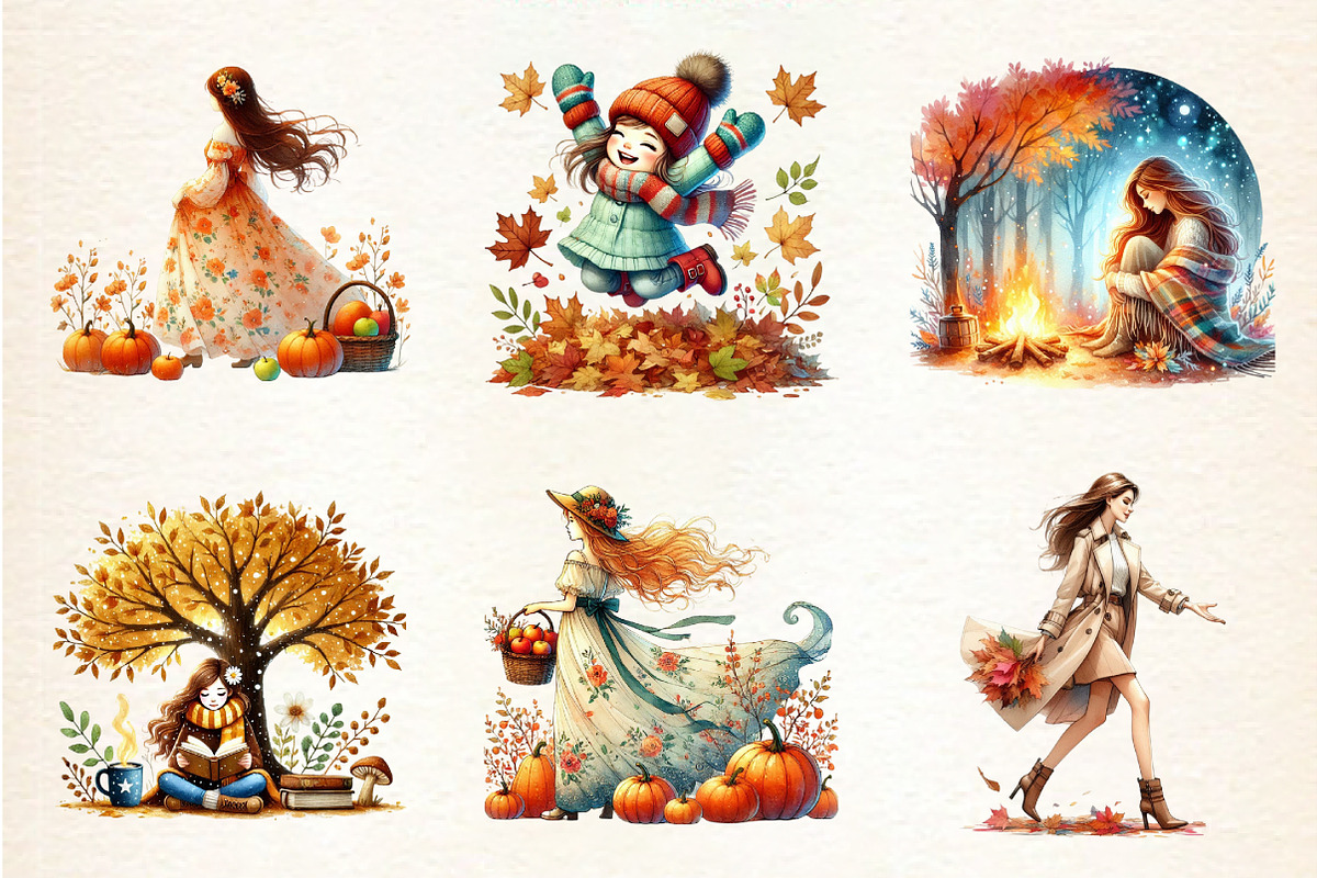 watercolor autumn girl, a Seasonal Illustration by DreamArtGraphic (Photo 2 of 4)