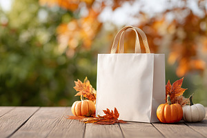 Blank paper shopping bag surrounded by autumn decorations on a rustic wooden ta, a Photo by AlyaAnd