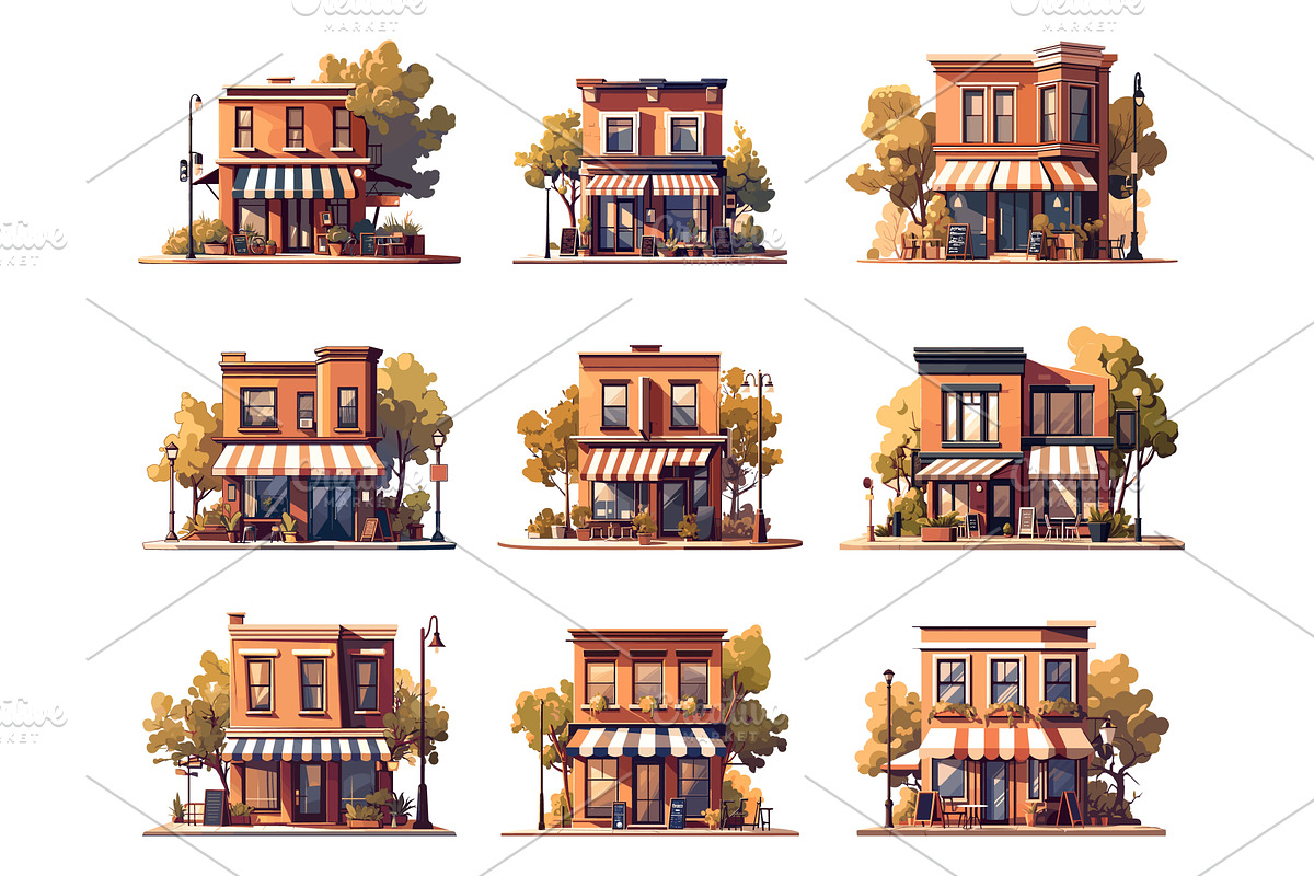 Set of buildings with cafes inside, an Object Illustration by LadadikArt