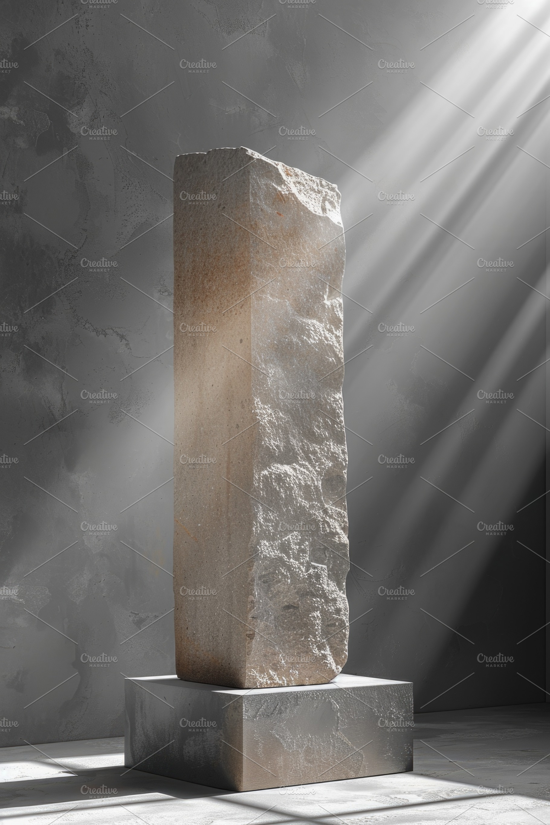 Minimal stone monolith sculpture with dramatic light rays in mod, an Abstract Photo by José Manuel Gelpi