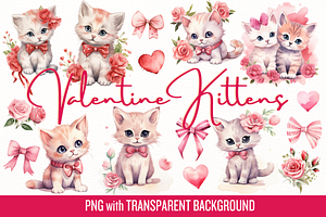 Valentine Kittens Watercolor Clipart