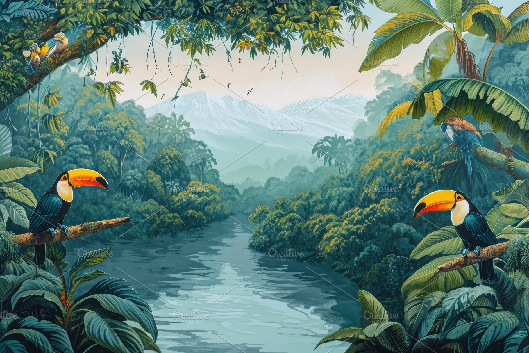 A painting depicting two toucans sit, a Photo by Iftikhar Alam