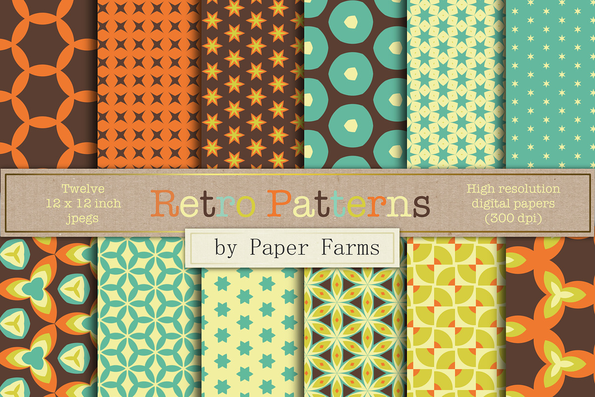 Retro patterns digital paper, a Pattern Graphic by Paper Farms