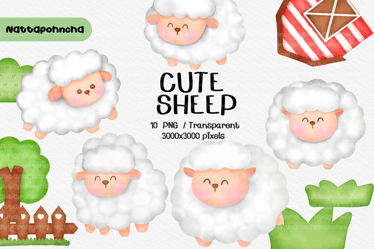 Watercolor Cute Sheep png clipart, an Animal Illustration by Nattapohncha (Photo 1 of 3)