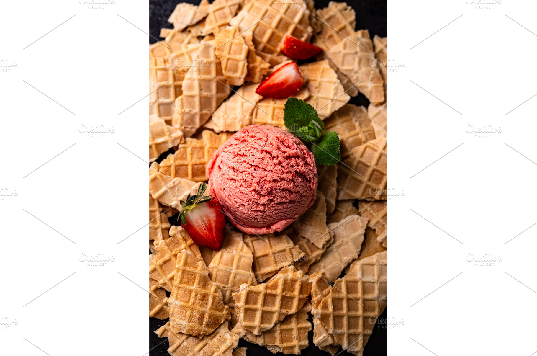 Waffles with strawberry ice cream, a Food & Drink Photo by Yulia Furman