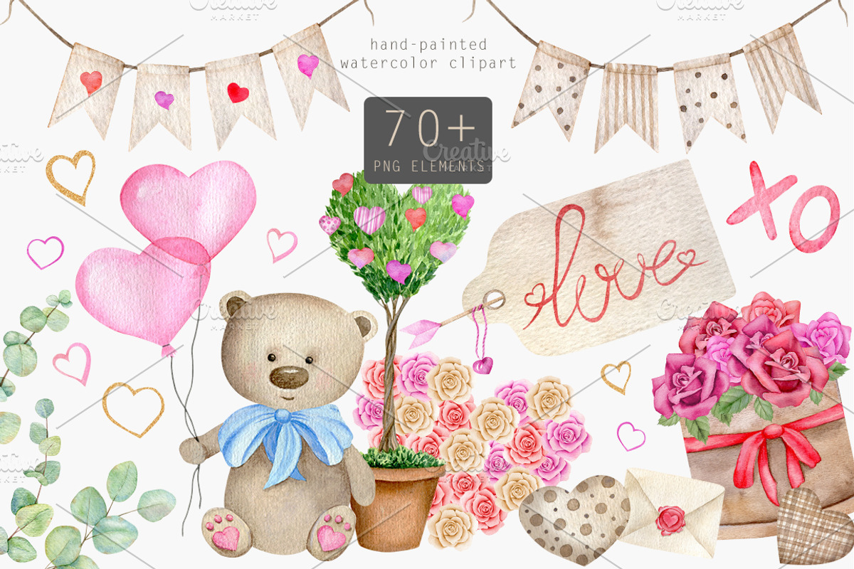Valentine Day clipart Watercolor set, a Texture Illustration by Daryartsy (Photo 1 of 10)
