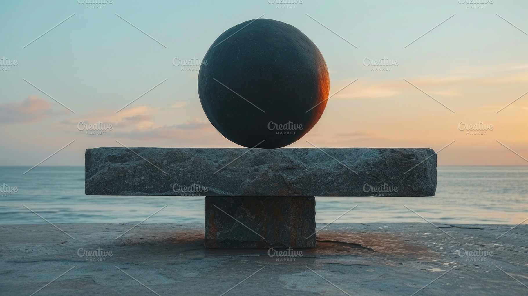 Black Stone Sphere Balanced on Minimal Platform by the Sea, a Background Photo by José Manuel Gelpi